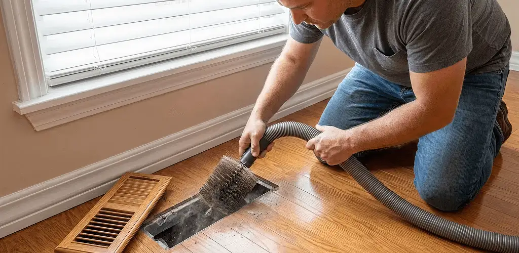 Air duct cleaning technician vacuuming a floor vent and duct opening in Denver, CO