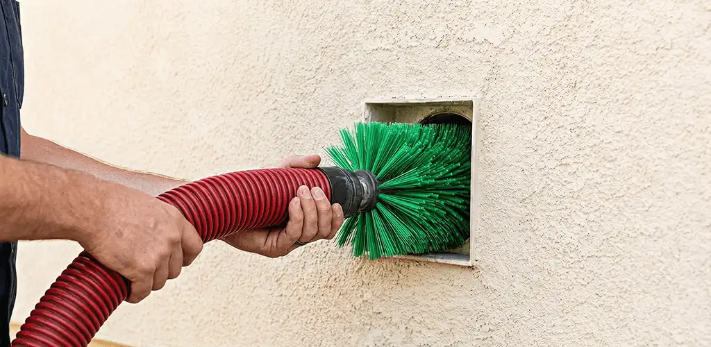 Air duct cleaning brush removing debris from a vent opening in Denver, CO