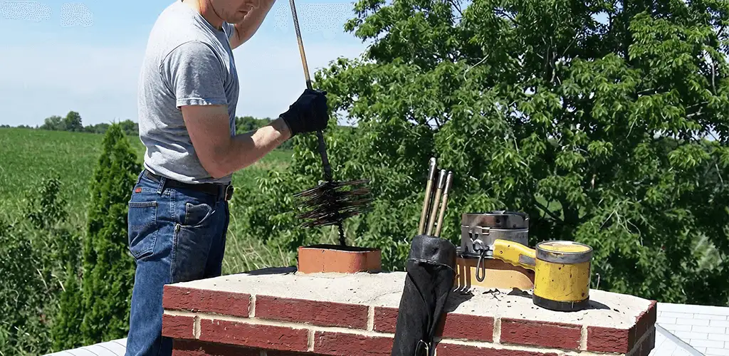 Chimney cleaning technician working on a rooftop chimney with professional tools in Denver, CO
