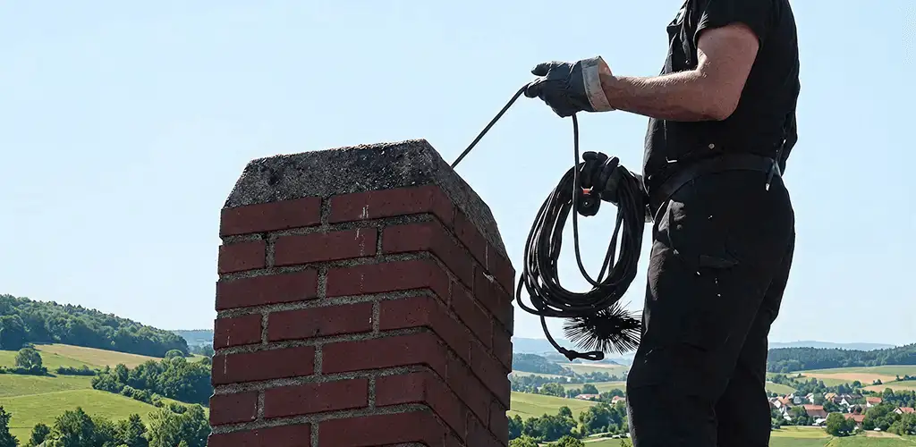 Chimney sweep inspecting and cleaning a rooftop chimney in Denver, CO