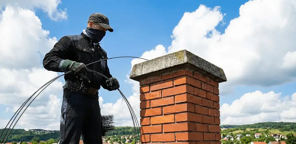 Chimney sweep cleaning a brick chimney with professional tools in Denver, CO