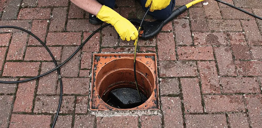 Drain cleaning technician using a drain snake to clear a clogged drain in Denver, CO