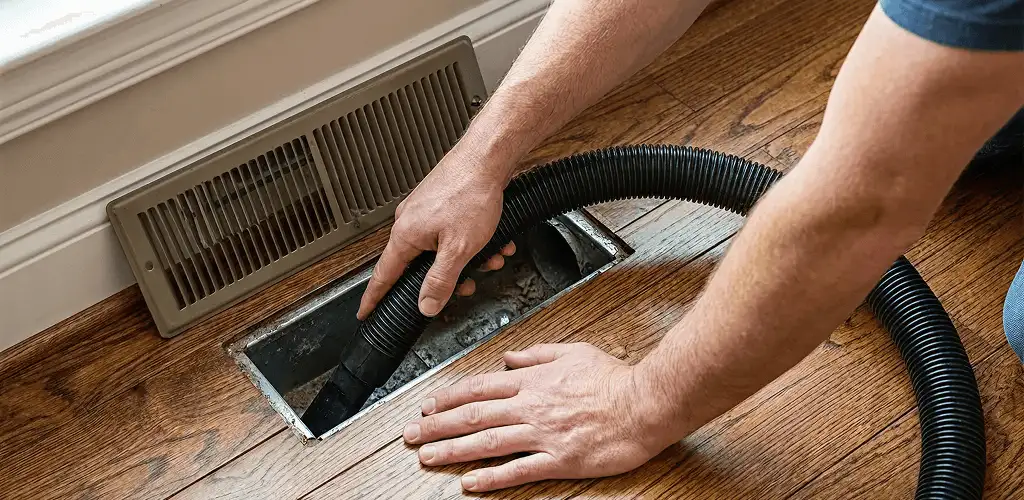 Air duct cleaning technician vacuuming a floor register and duct opening in Denver, CO