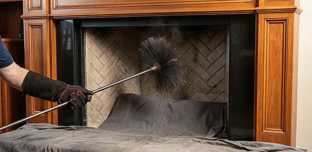 Chimney cleaning service brushing soot from a fireplace and flue in Denver, CO