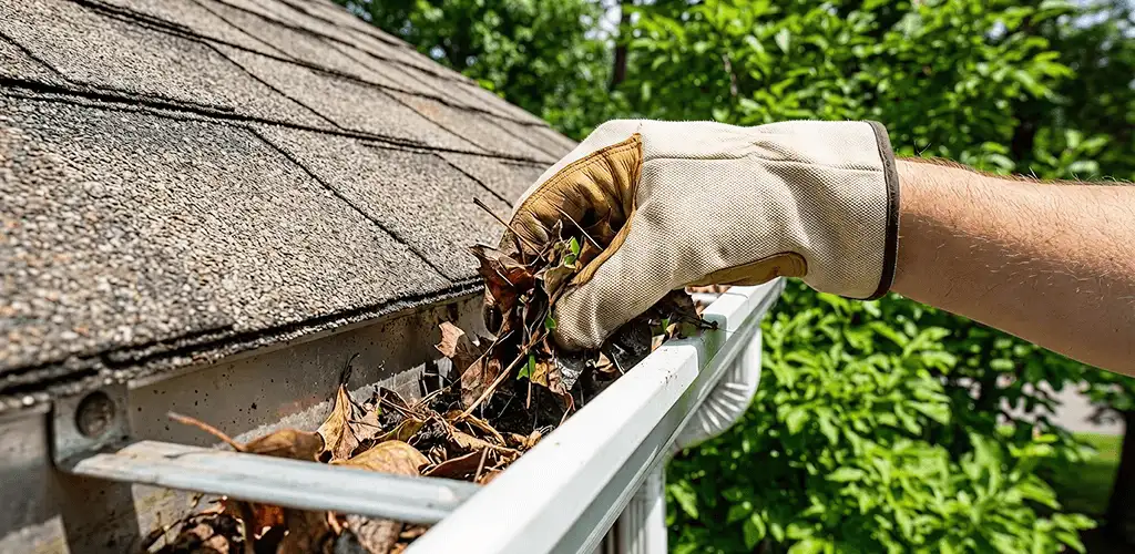 Gutter cleaning removing leaves and debris from roof gutters in Denver, CO