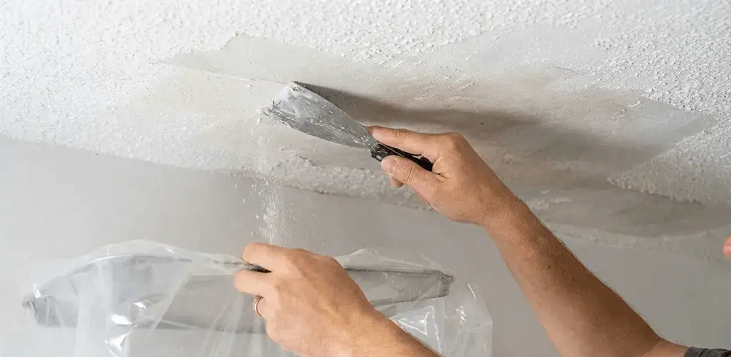 Popcorn ceiling removal technician scraping texture from a ceiling in Denver, CO