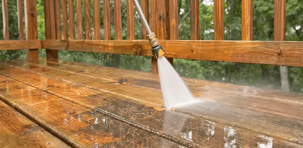 Pressure washing a wood deck to remove dirt and buildup in Denver, CO