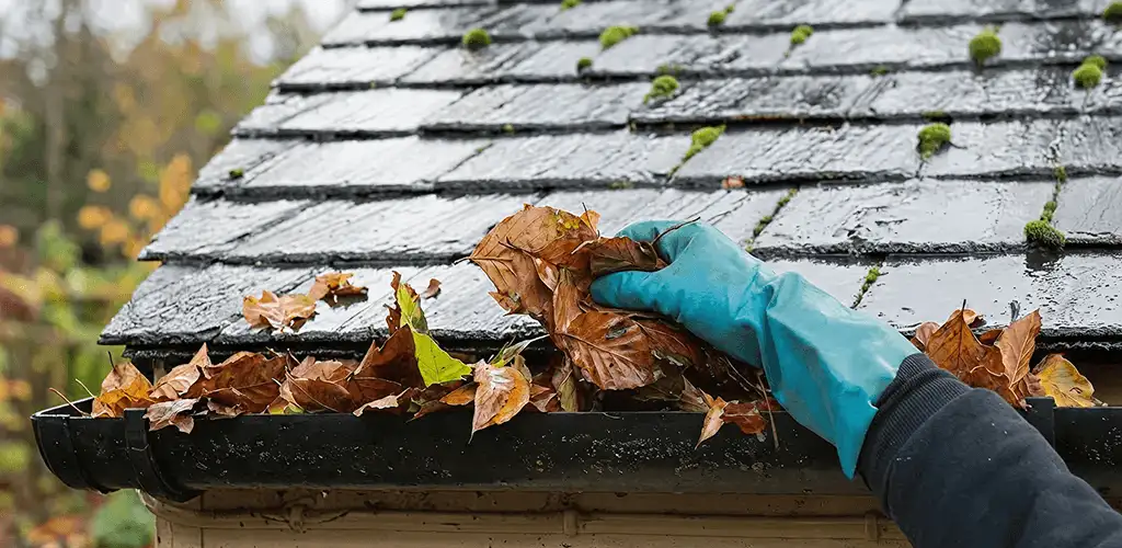 Gutter cleaning technician clearing wet leaves from roof gutters in Denver, CO