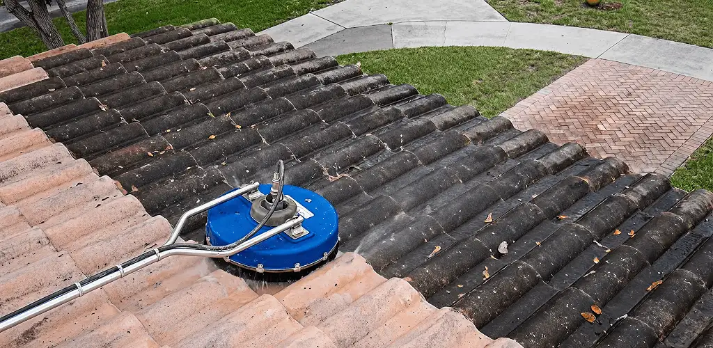 Roof pressure cleaning removing debris and buildup from roof tiles in Denver, CO