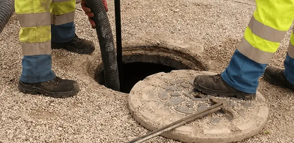 Drain cleaning crew clearing a sewer access point with professional equipment in Denver, CO