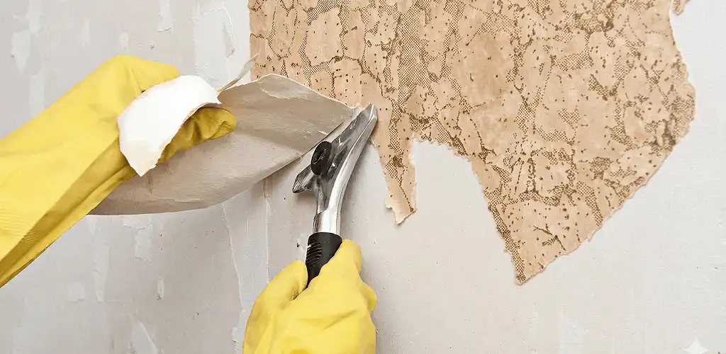 Wallpaper removal service stripping old wallpaper from a wall in Denver, CO